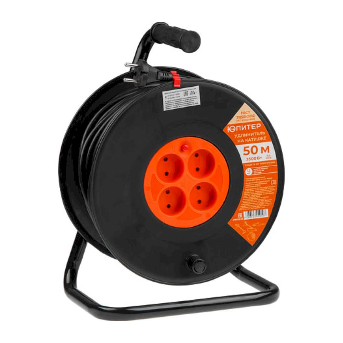 Удлинитель на катушке 50м (4 роз., 3,5кВт, б/з, ПВС 2х1,5) Юпитер, арт.JP8403-03
