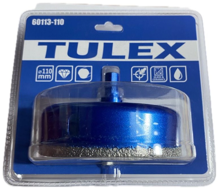 Коронка алмазная TULEX 60113-110 по стеклу и керам.плитке, центр.сверло, трехгранный хвостовик,110мм