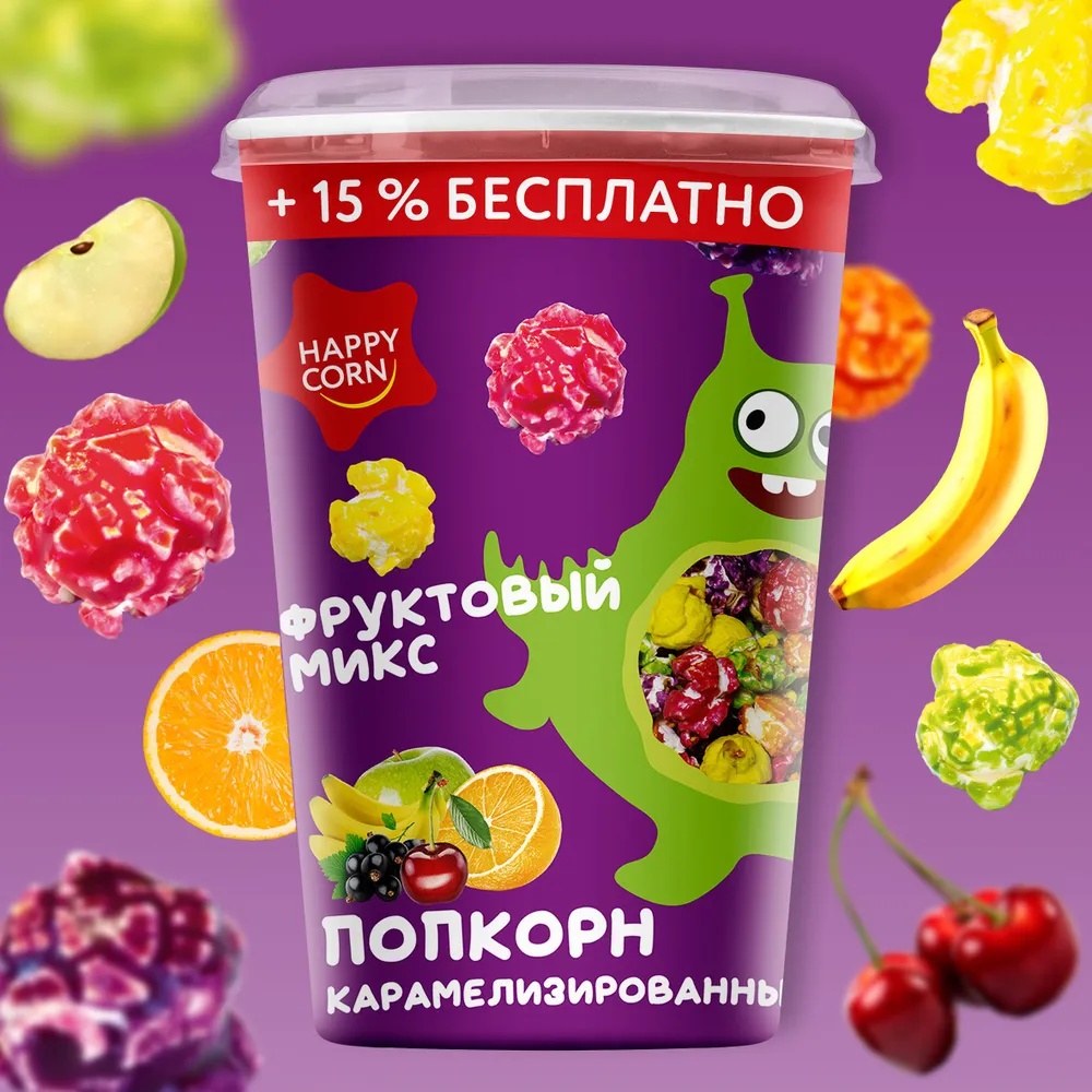 Кукуруза воздушная HAPPY CORN фруктовый микс стакан 100г