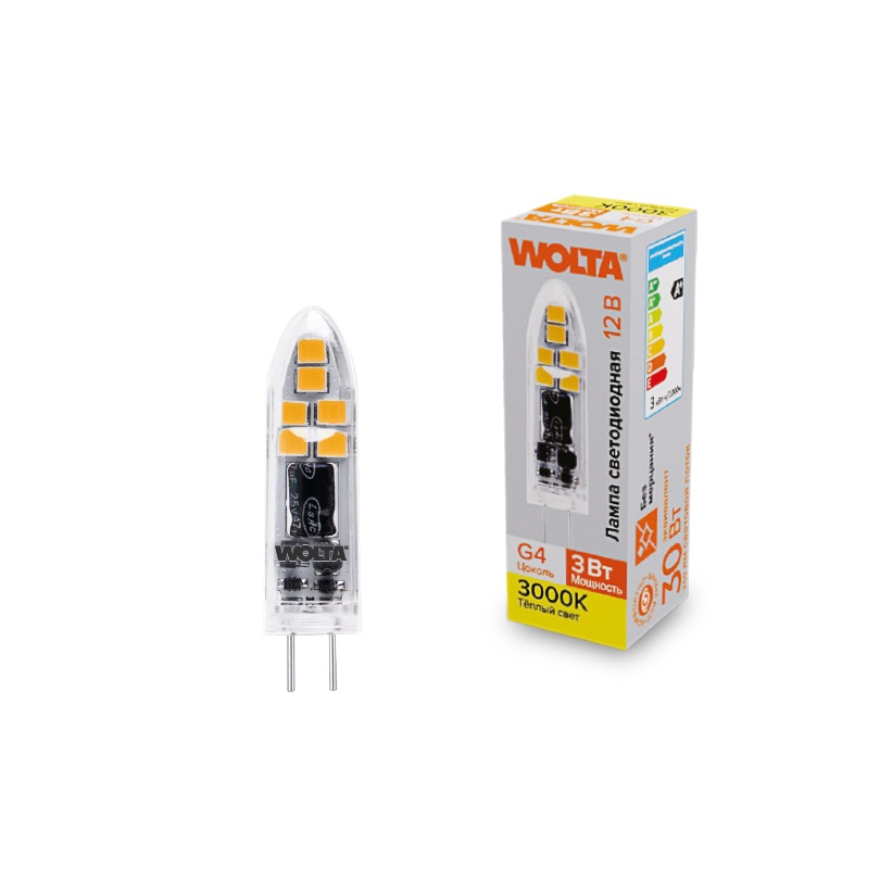 Лампа светодиодная WOLTA WSTD-JC-12V3W3KG4-P (пластик) "Капсульная" JC 3Вт 240лм 3000K G4 1/10/100/1