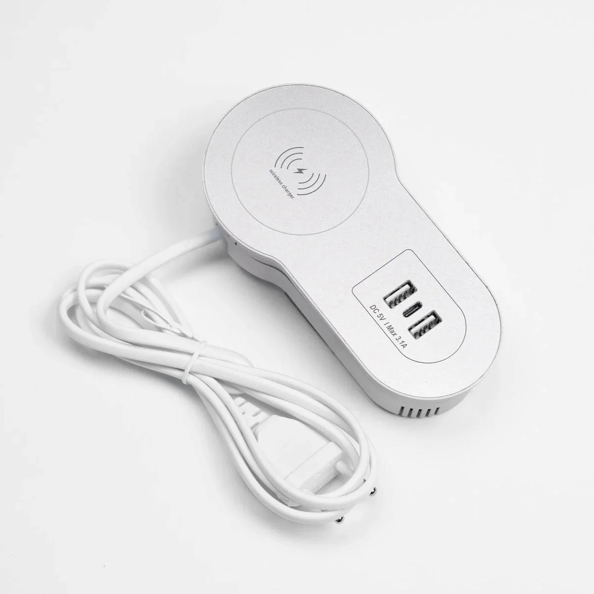 Бокс настольный встраиваемый 2 USB, 1 Type-C, беспроводная зарядка, шнур 1,5 м., серебро