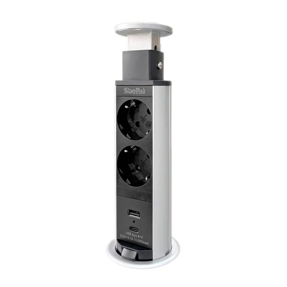 Блок розеточный, выдвижной, настольный на 2 розетки 200B, 1 USB, 1 Type-C, серебро