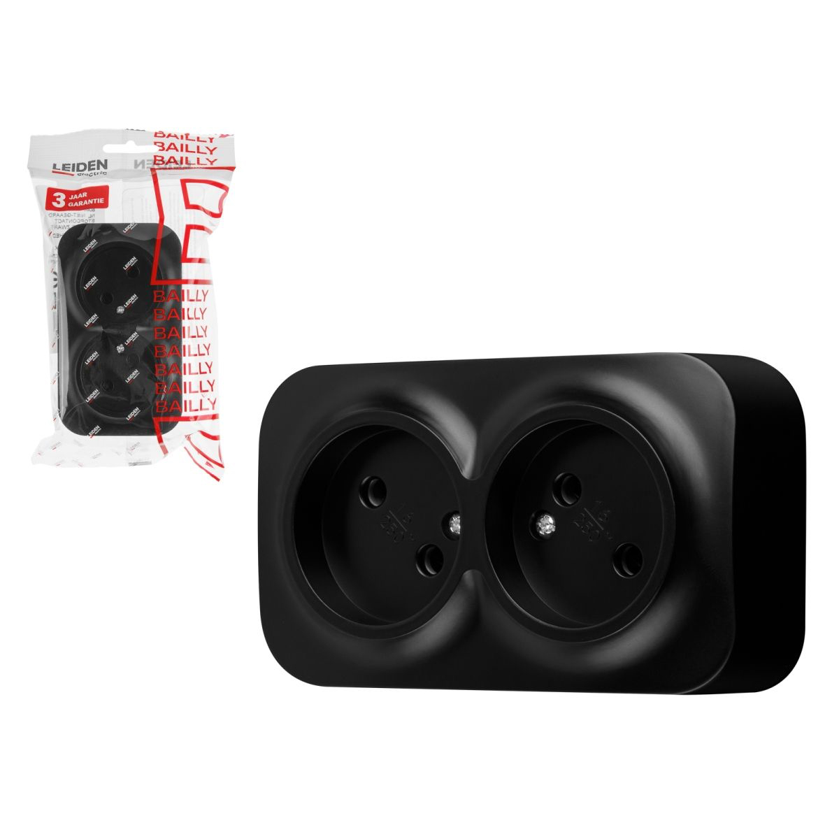 Розетка 2-ая (открытая, б/з) черная, Bailly, LEIDEN ELECTRIC, арт.806016