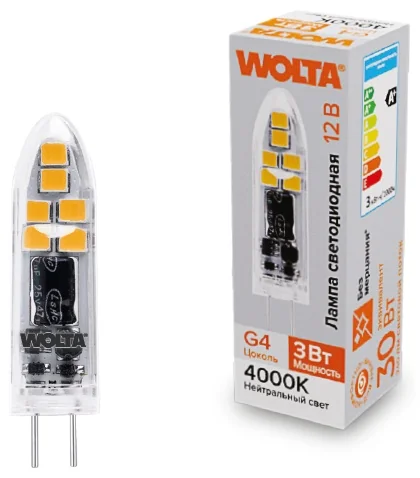 Лампа светодиодная WOLTA WSTD-JC-12V3W4KG4-P (пластик)  "Капсульная" JC 3Вт 240лм 4000K G4 1/10/100/