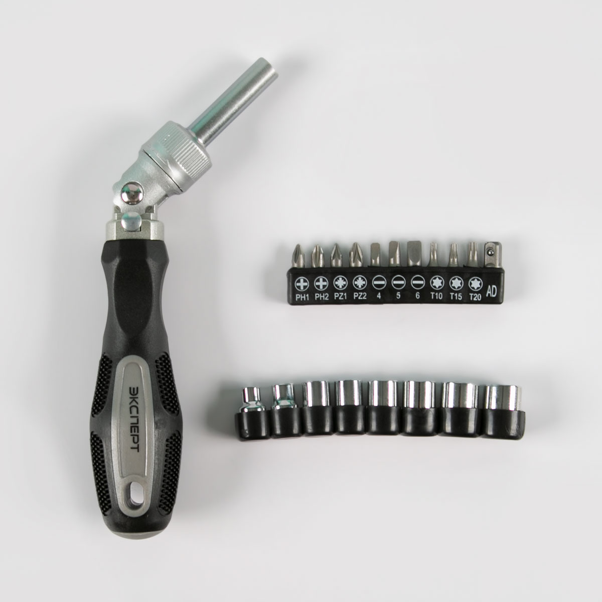 Набор "ЭКСПЕРТ" 149302-S20 Отвертка реверс.-рыч. с битодержат.с битами(10шт) и торц. гол.(8шт), 20пр