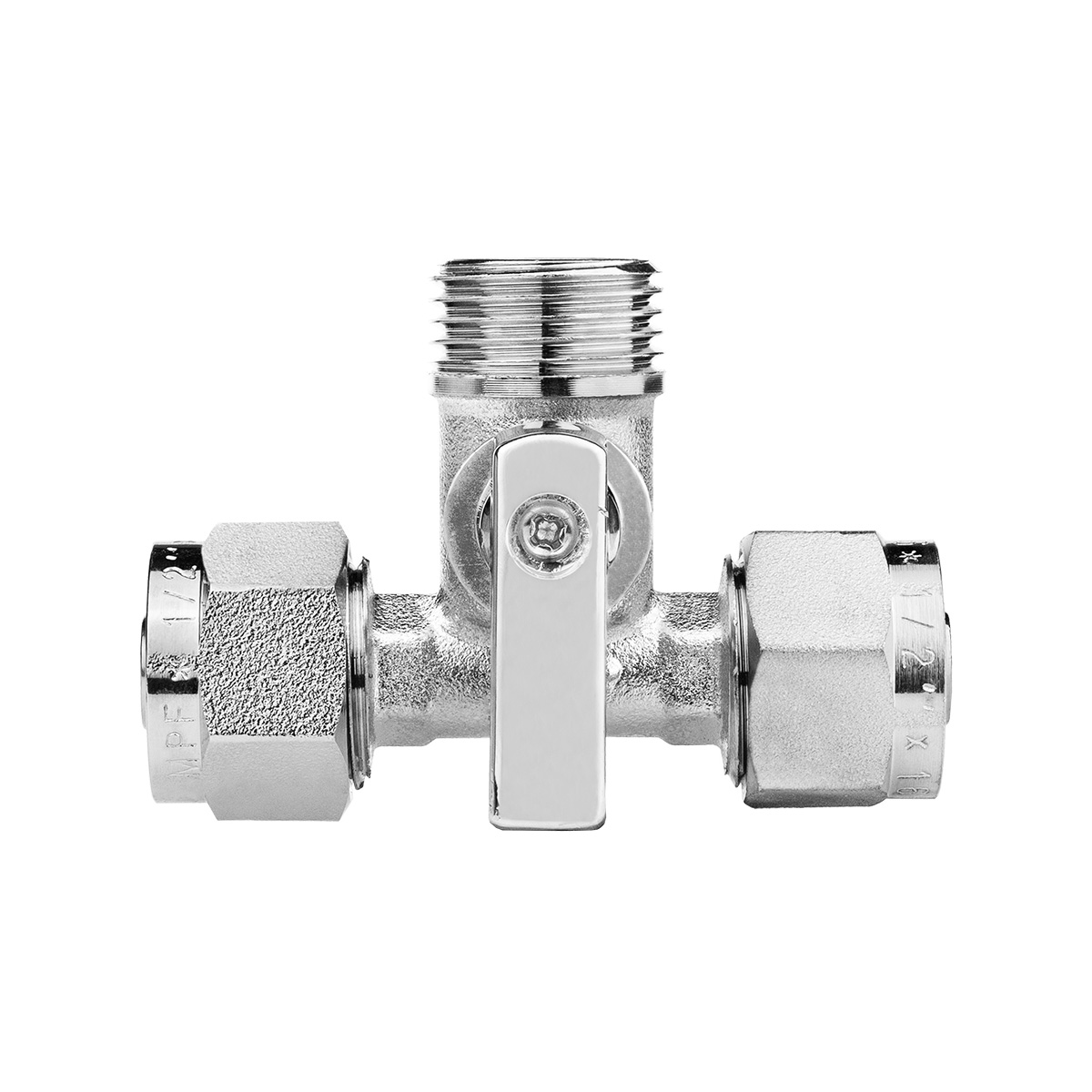 Кран шаровой трёхпроходной для бытовой техники под м/п трубу 16 х 1/2" х 16 ц/ш/ц, ник.лат.ГОСТ, MPF