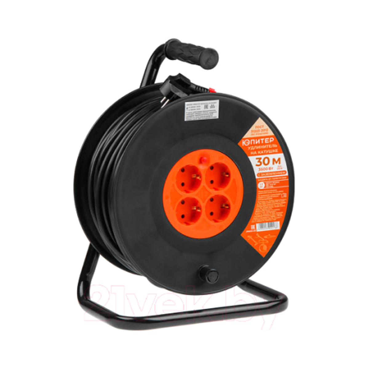 Удлинитель на катушке 30м (4 роз., 3,5кВт, с/з, ПВС 3х1,5) Юпитер
