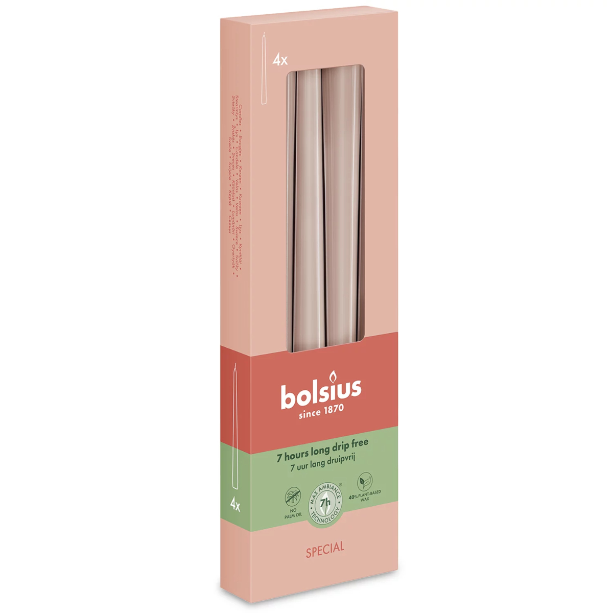 Свеча столбик Bolsius Ultra Gloss 24,5х2,4 см, 4шт Misty Pink