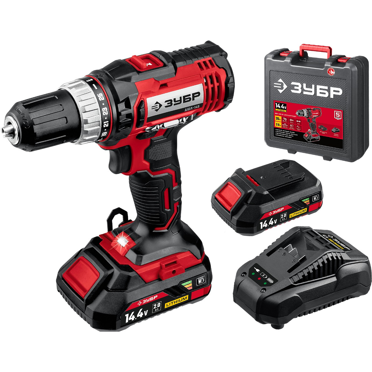 Дрель-шуруповерт ЗУБР 14.4В, 2 АКБ (2Ач), в кейсе, ДШЛ-145-22