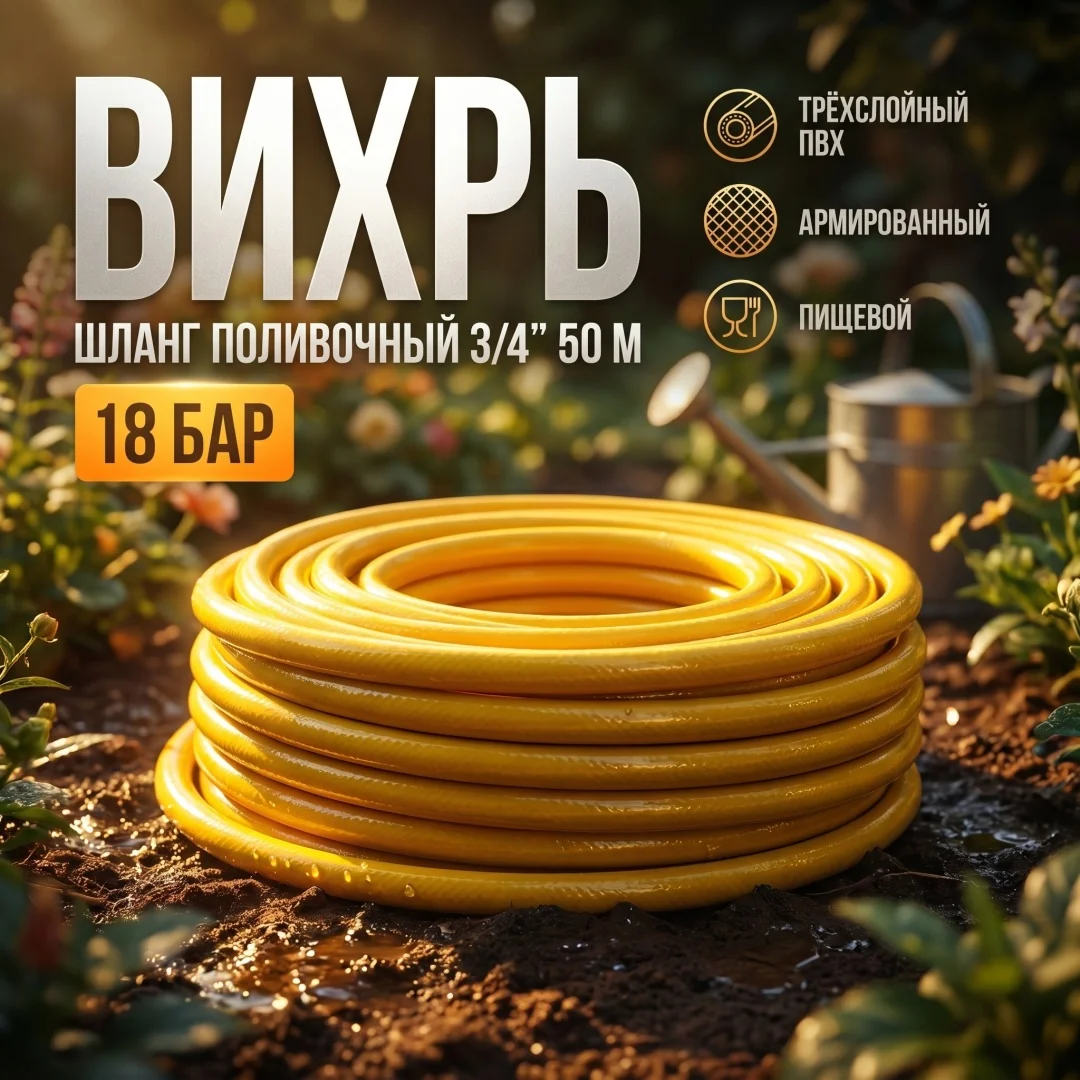 Шланг поливочный ПВХ усиленный, пищевой трехслойный армированный 3/4, 50 м (жёлтый) Вихрь