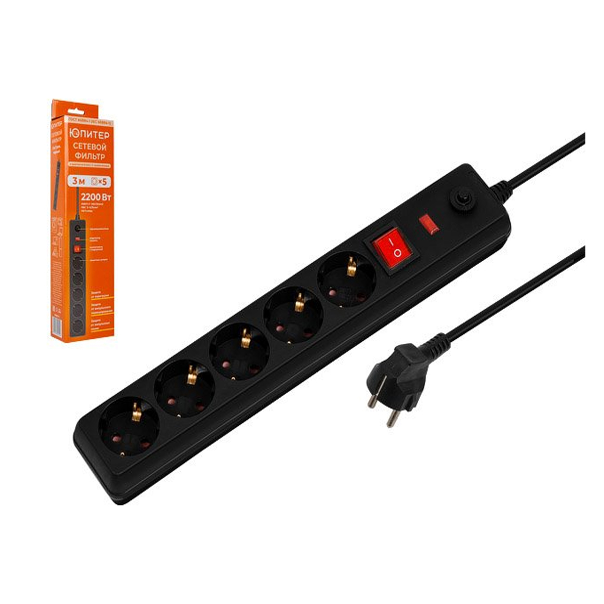 Фильтр сетевой 3м (5 роз., 2,2кВт, с/з, выкл, ПВС 3х0,75) черный Юпитер, арт.JP8501-11