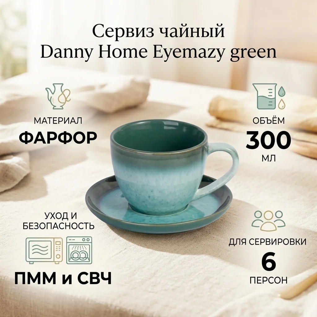 Чайный набор 6 персон 300мл DH Eyemazy green фарфор T25-08