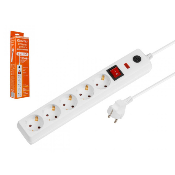 Фильтр сетевой 5м (5 роз., 2,2кВт, с/з, выкл, ПВС 3х0,75) белый Юпитер