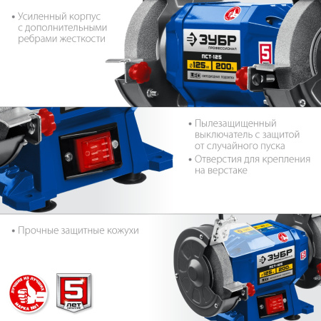 Заточной станок ЗУБР ПСТ-125 Профессиональный, d125 мм, 200 Вт