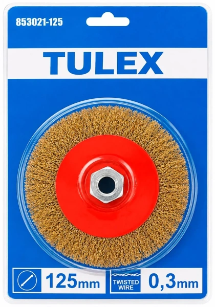 Щетка коническая TULEX 853021-125 для УШМ, резьба М14,витая латунир.стальная проволока 0,3мм,д.125мм