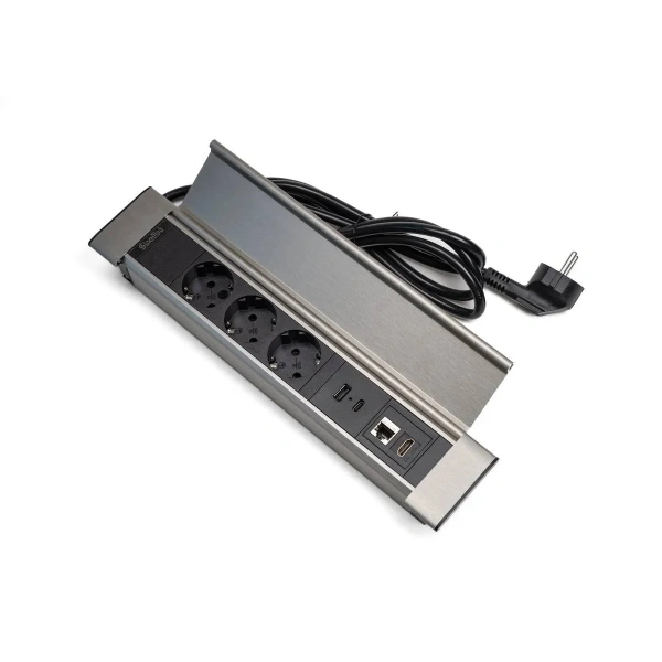 Блок настольный с крышкой, 3 розетки 200B, 1 USB, 1 Type-C, RJ45, HDMI чёрный