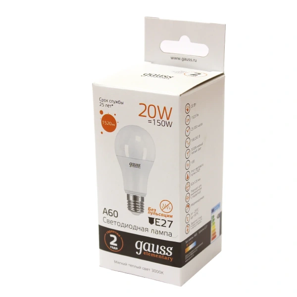 Лампа Gauss Elem Led A60 20W E27 2700K  23219  Акция