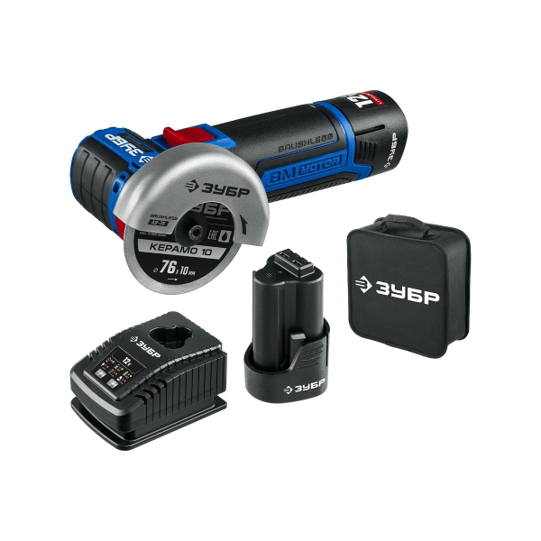 Машина углошлифовальная бесщеточная ЗУБР Профессионал 12 В, d76 мм, 2 АКБ тип Т7 (2 А·ч), сумка (AB-