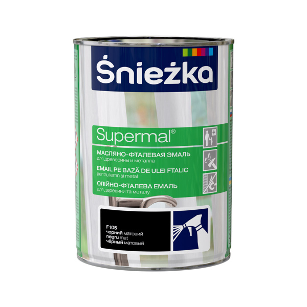 Эмаль масляно-фталевая для деревесины и металла Supermal черный мат F105 0,8л