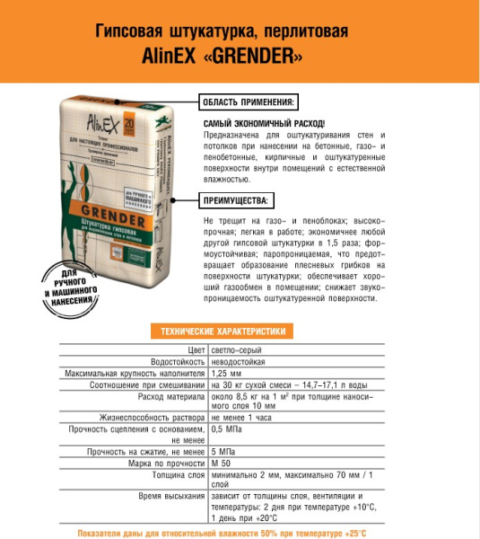 АlinEX штукатурка гипсовая GRENDER, 30 кг