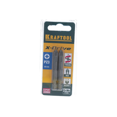 Биты KRAFTOOL ЕХPERT торсионные кованые обточенные Cr-Mo сталь тип хвостовика E 1/4 PZ3 50мм 2шт