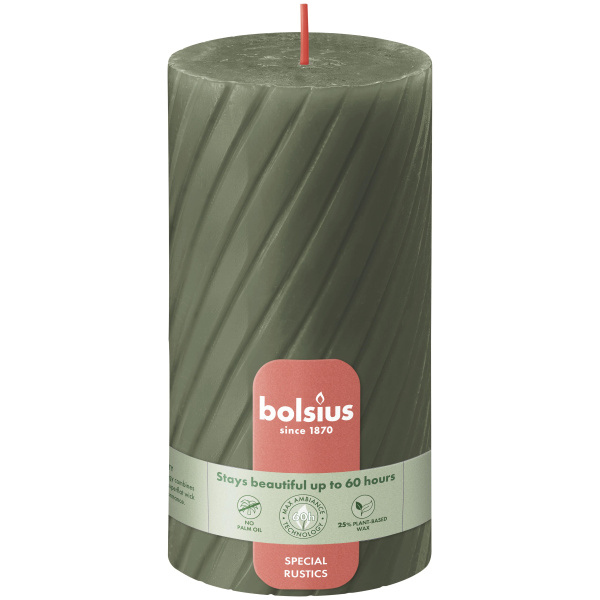 Свеча столбик Bolsius Rustic Twisted ribbed 13х6,8 см Fresh Olive