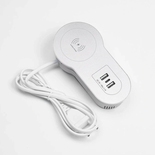Бокс настольный встраиваемый 2 USB, 1 Type-C, беспроводная зарядка, шнур 1,5 м., серебро