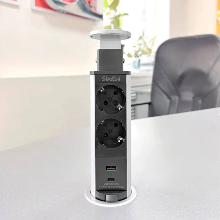 Блок розеточный, выдвижной, настольный на 2 розетки 200B, 1 USB, 1 Type-C, серебро