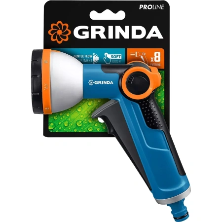 Пистолет поливочный GRINDA, X-8, с регулятором напора, 8 режимов, курок спереди, двухкомпонентный, P