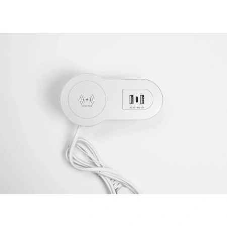 Бокс настольный встраиваемый 2 USB, 1 Type-C, беспроводная зарядка, шнур 1,5 м., серебро