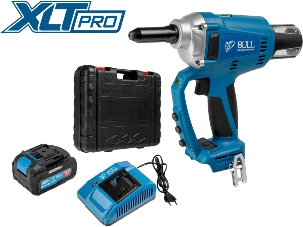 Пистолет заклепочный аккумуляторный BULL CRG 1018 в чем. XLTpro, БЕСЩЕТ., 25 мм, 10000 Н, 1х4 А*ч