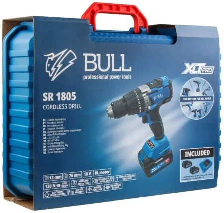 Дрель-шуруповерт аккумуляторный BULL SR 1805 в чем. XLTpro, 2х4 А*ч, БЕСЩЕТ., 18 В, 120 Н*м, БЗП(мет