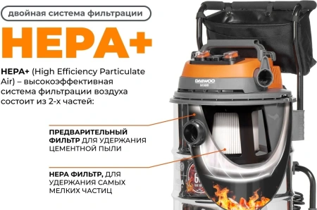 Пылесос строительный Daewoo DAVC 6030S, 3200W, объем бака 60 л, разрежение 300 мбар, производительно