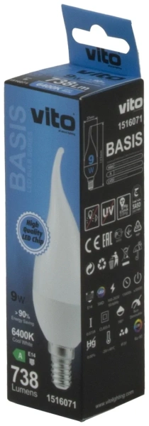 Лампа светодиодная VO/BASIS/9W/SMD/E14/6400K/C37T/CBOX/LED LAMP
