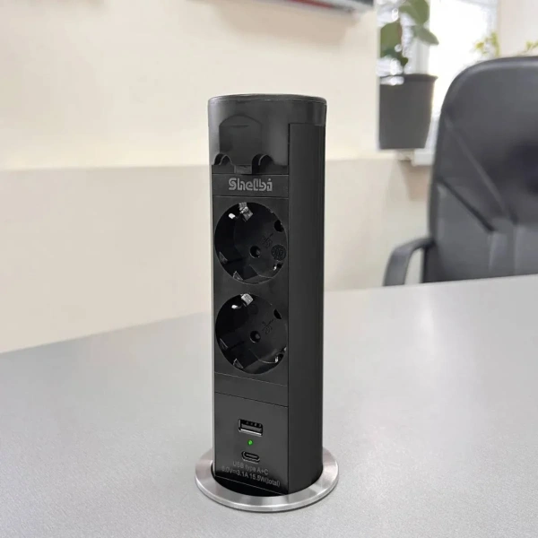 Блок розеточный, выдвижной-авто, настольный на 2 розетки 200B, 1 USB, 1 Type-C, чёрный