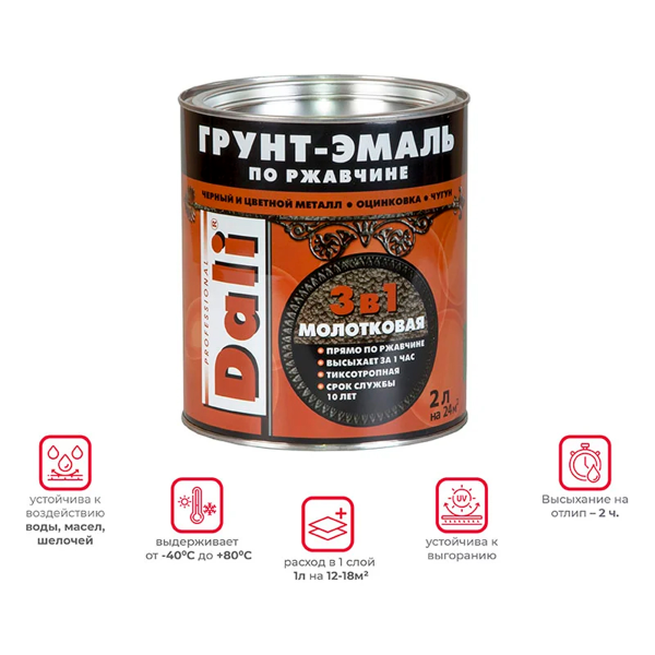 Молотковая ГРУНТ - ЭМАЛЬ по ржавчине "DALI" 2л - серебристый