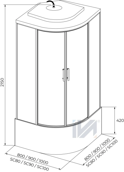 Душевая кабина IVA SC100CT 1000*1000*2150 высокий поддон, тонированное стекло