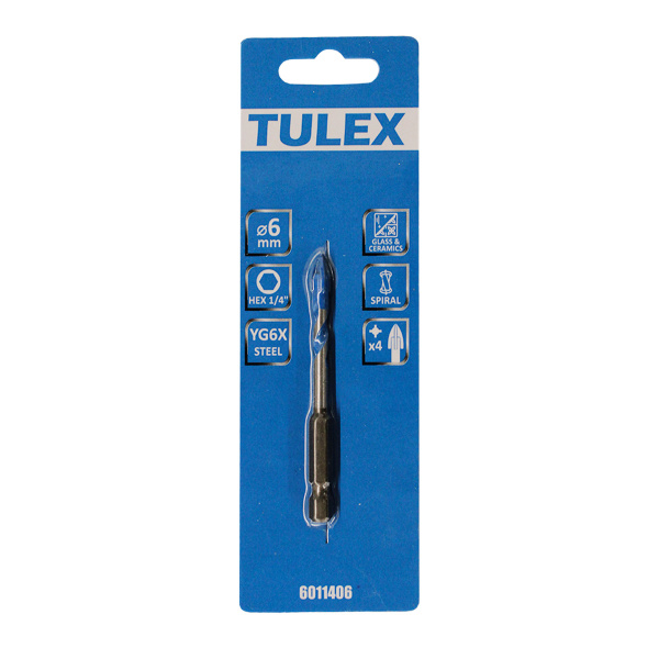 Сверло TULEX 6011406 по кафелю,керамике,стеклу,с пылеудалением,4 реж,лезвия,6-гр хв.,1/4,6мм(1шт/уп)