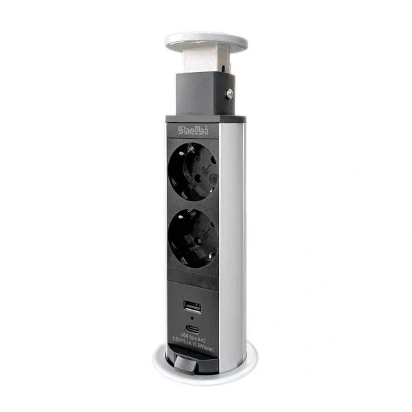 Блок розеточный, выдвижной, настольный на 2 розетки 200B, 1 USB, 1 Type-C, серебро