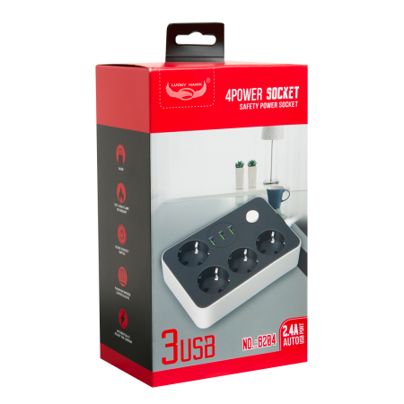 Удлинитель сетевой 2 м 8204 4Р. Usb 3 (черный)