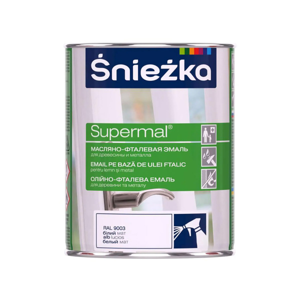 Эмаль масляно-фталевая для деревесины и металла Supermal белый мат F100 0,8л