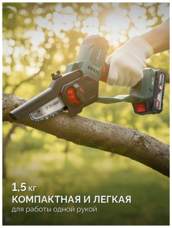 Мини-пила цепная аккумуляторная ЗУБР (ПЦА-2010-21) 20 В, 100 мм шина, 1 АКБ LMS (2 Ач)