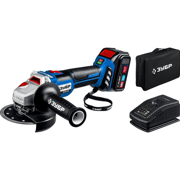 Бесщеточная УШМ ЗУБР 20В,Профессионал, 1 АКБ (4Ач), в сумке, AB-125-41