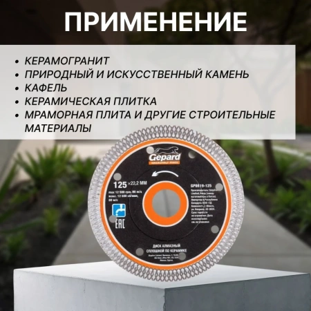 Круг алмазный 125х22 мм по керамике сплошн. тонкий GEPARD, арт.GP0819-125