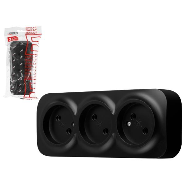 Розетка 3-ая (открытая, б/з) черная, Bailly, LEIDEN ELECTRIC, арт.806018