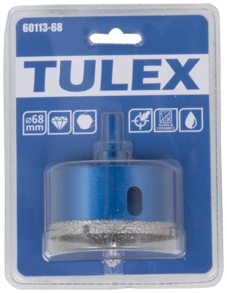 Коронка алмазная TULEX 60113-68 по стеклу и керам.плитке, центр.сверло, трехгранный хвостовик, 68мм