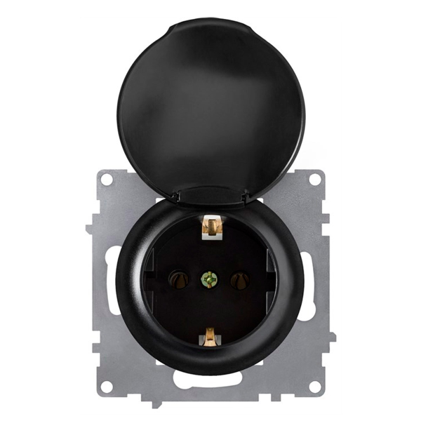 Розетка с крышкой, с заземлением, винтовые контакты, цвет чёрный (серия Florence)