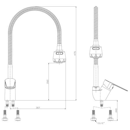 Смеситель д/к Rossinka S35-26 гибкий гусак