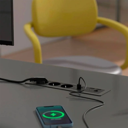 Блок настольный встраиваемый на 3 розетки 200B, USB, Type-C, RJ45, HDMI, чёрный
