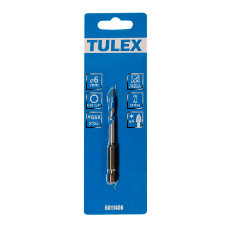 Сверло TULEX 6011206 по кафелю,керамике,стеклу, 2реж. лезвия, шестигранный хвостовик 1/4, 6мм